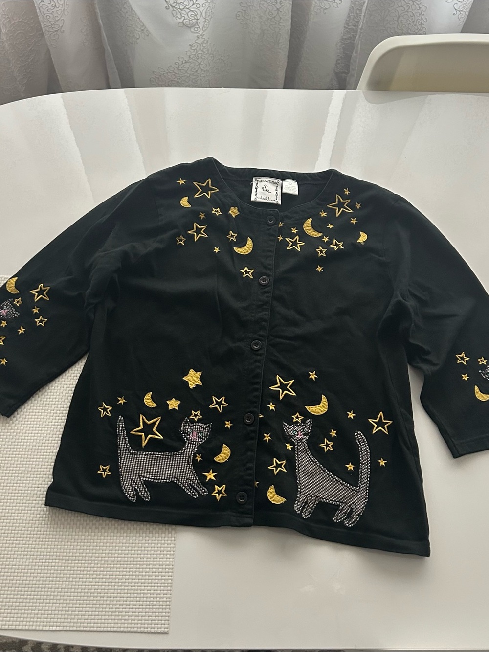 Michael Simon Black Cardigan with Gold Moon, Star & Cat Appliqués
